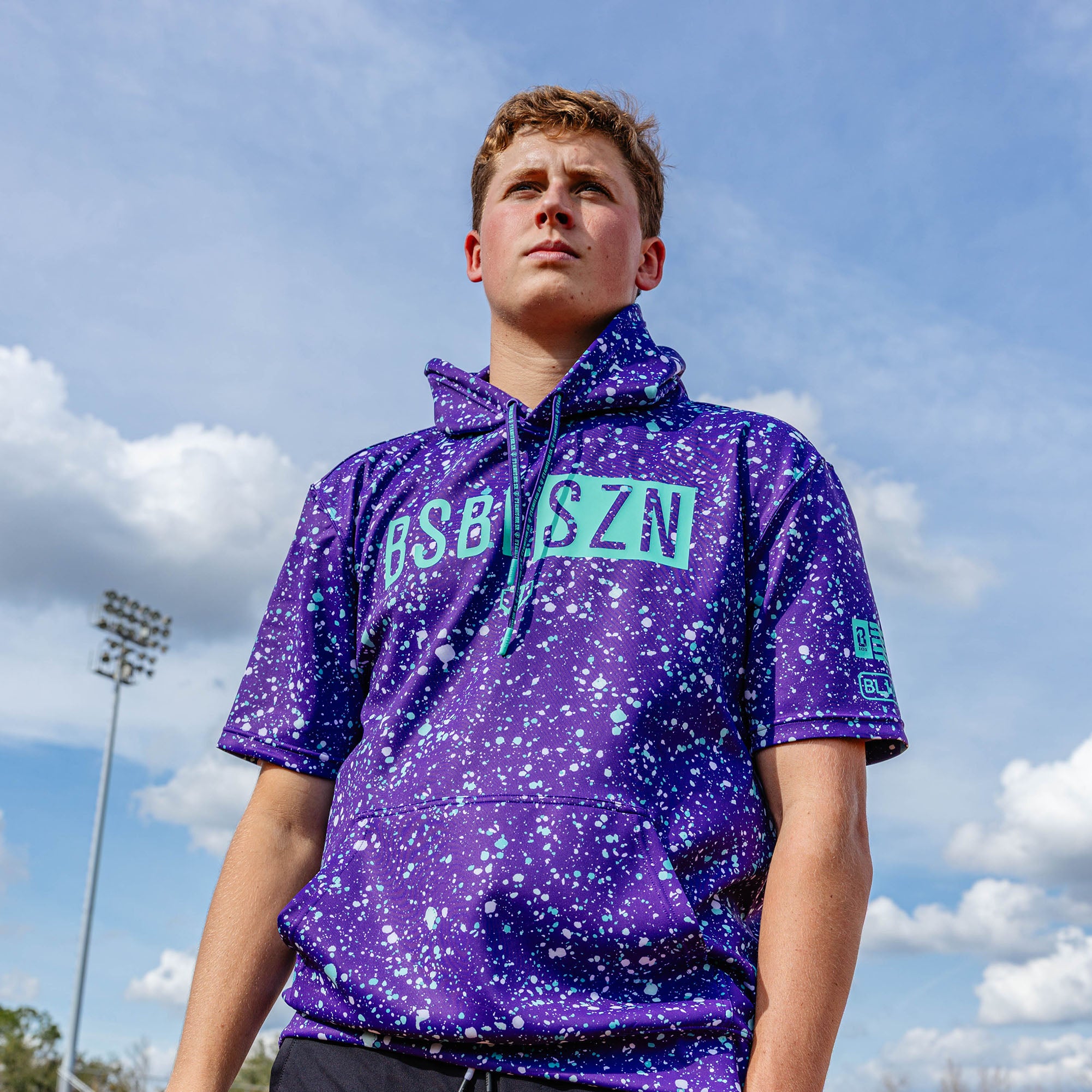 BSBL-SZN Short Sleeve Hoodie V3 - Splatter Purple/Teal - Image 3
