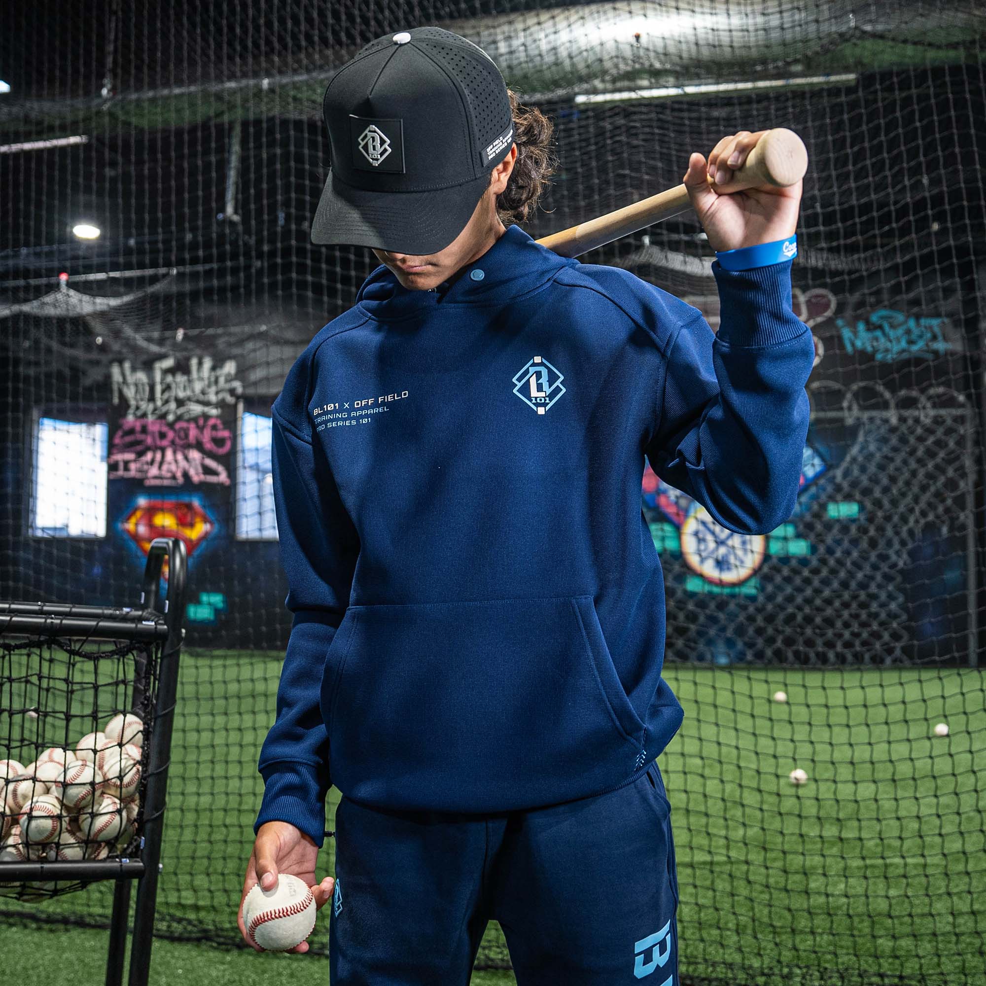 Off-Field Waffle Performance Youth Hoodie - Navy/Light Blue - Image 6