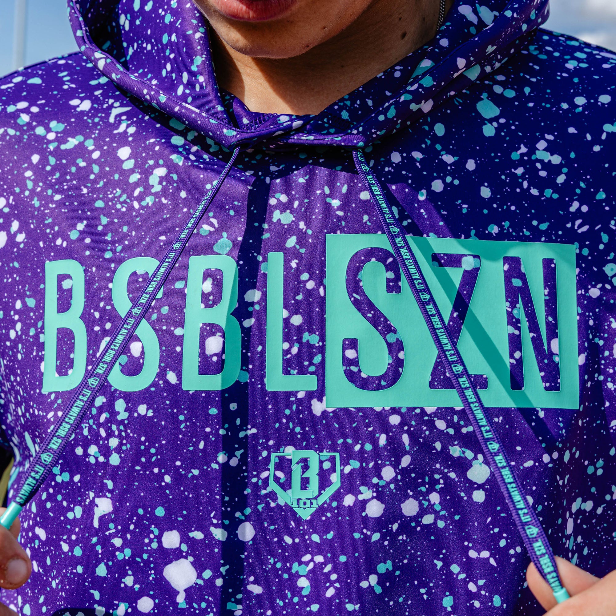 BSBL-SZN Short Sleeve Hoodie V3 - Splatter Purple/Teal - Image 4