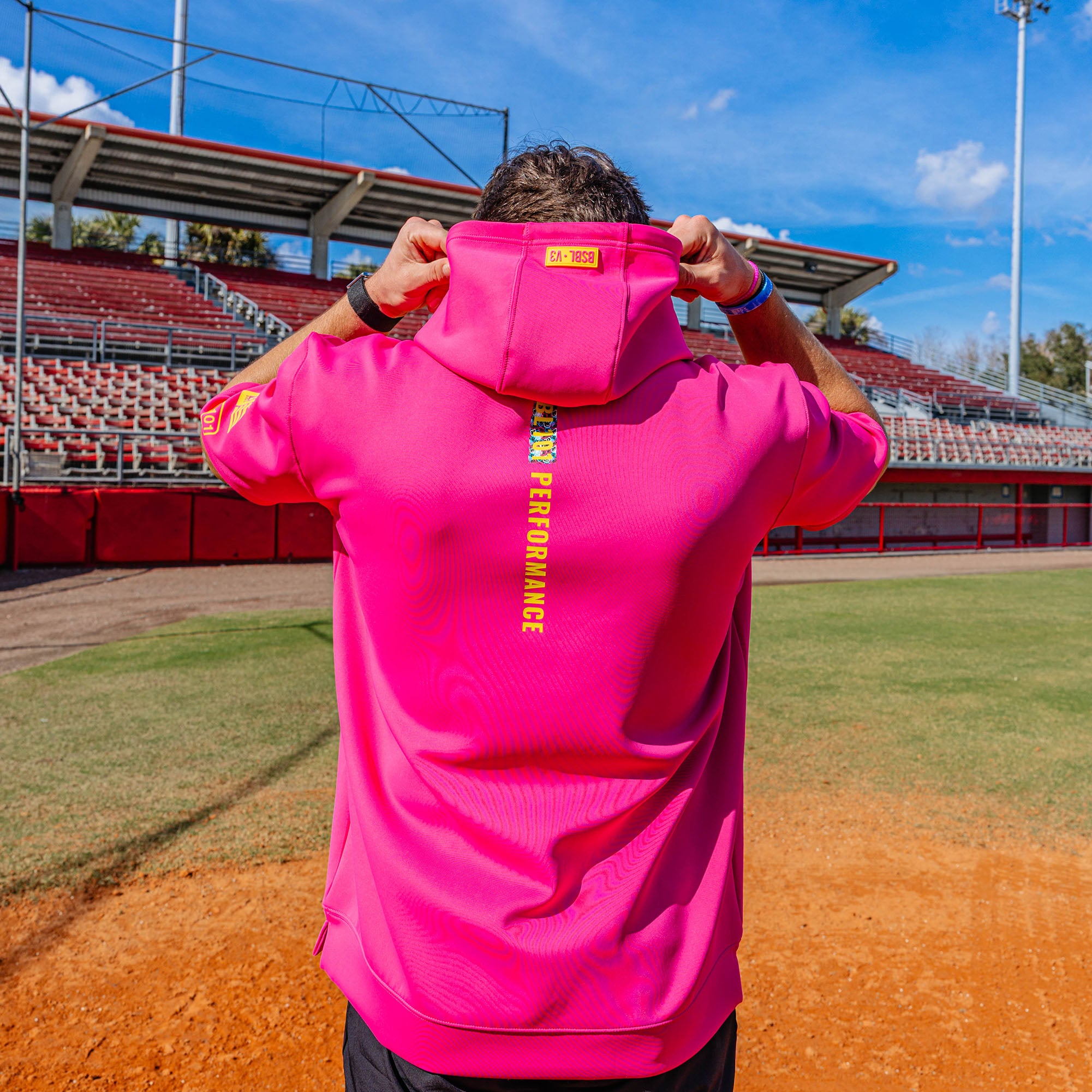 BSBL-SZN Short Sleeve Hoodie V3 - Pink/Smiley Slugger - Image 4
