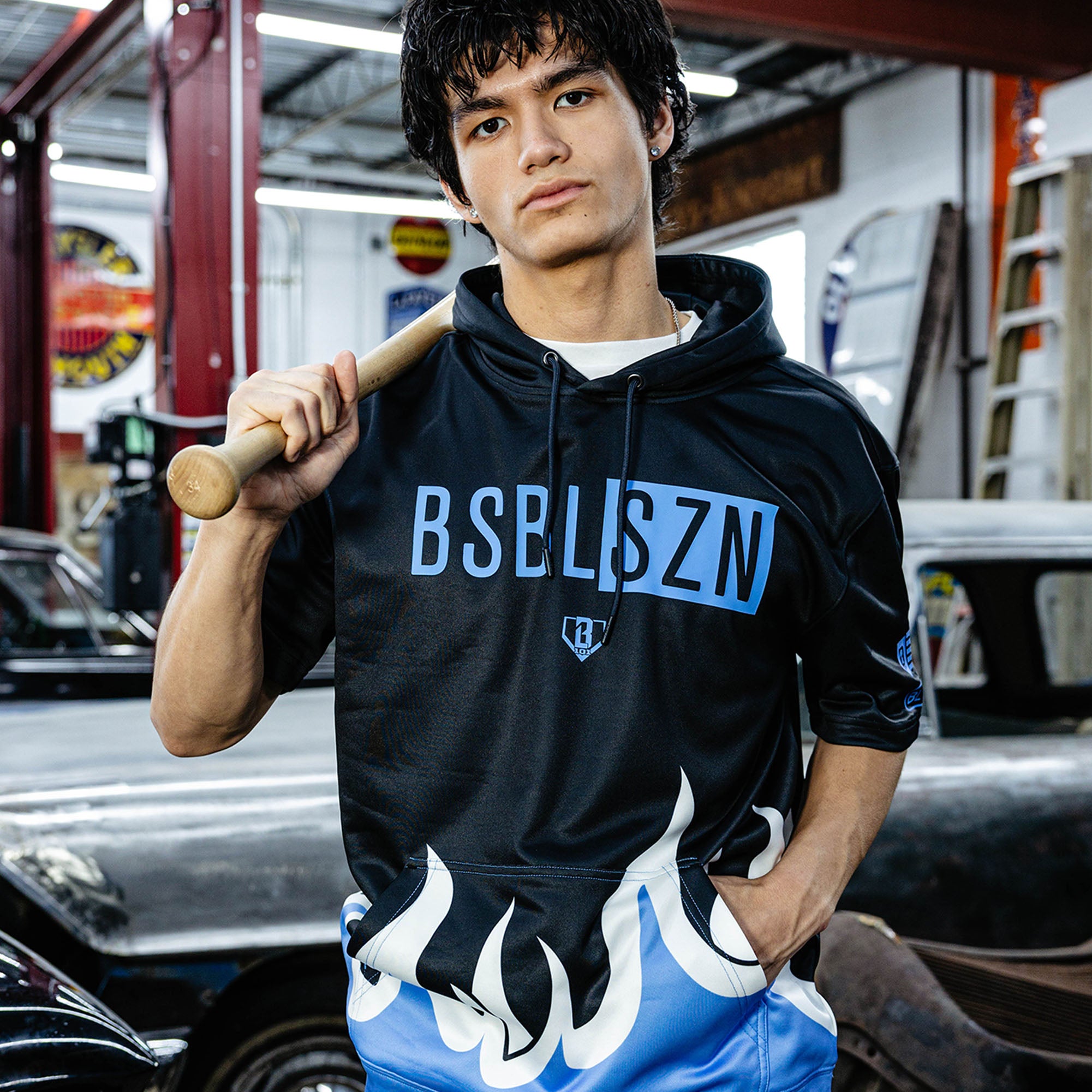 BSBL-SZN V2 Short Sleeve Hoodie - Flames Blue - Image 3
