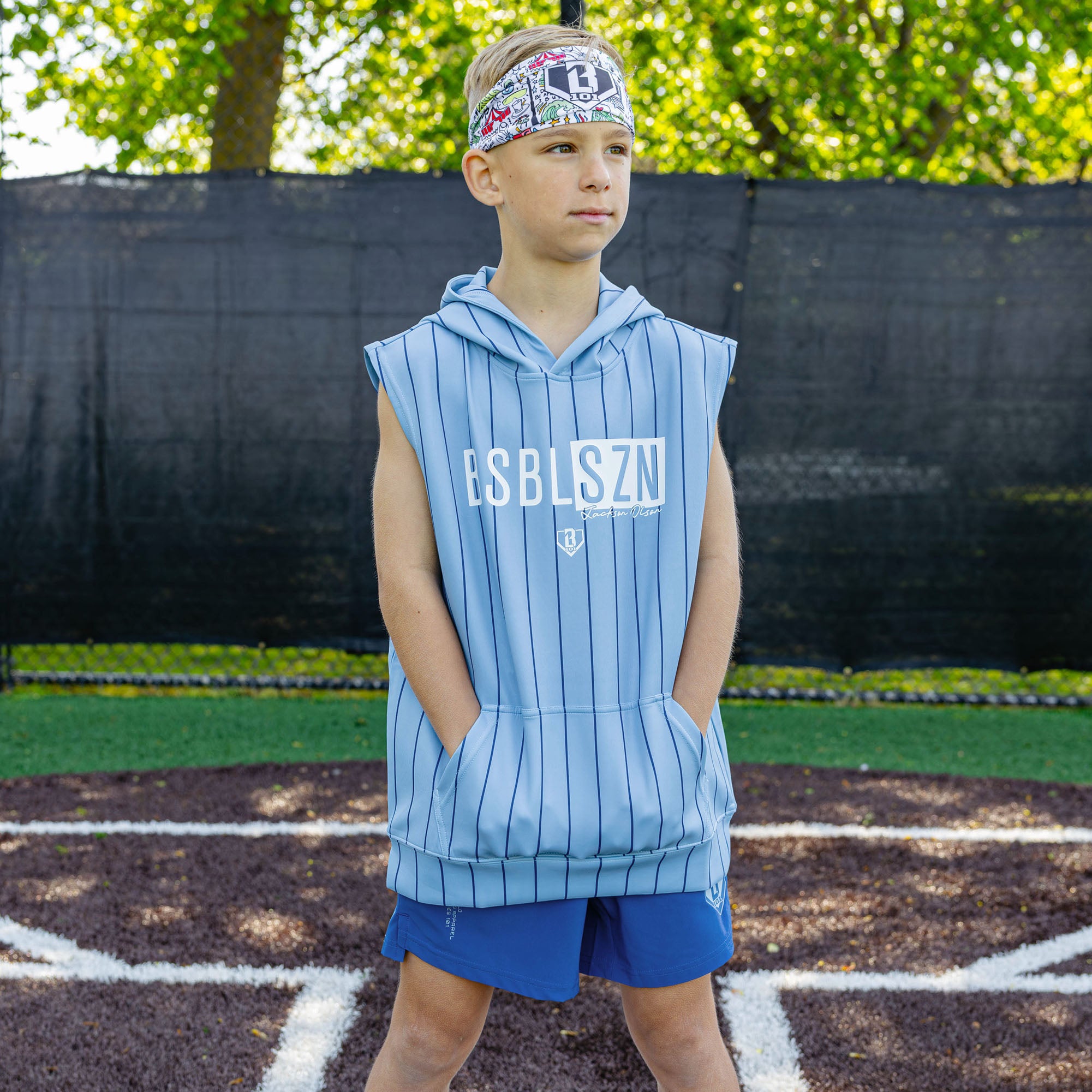 BSBL-SZN Sleeveless Youth Hoodie V3 - Blue Pinstripes - Image 3
