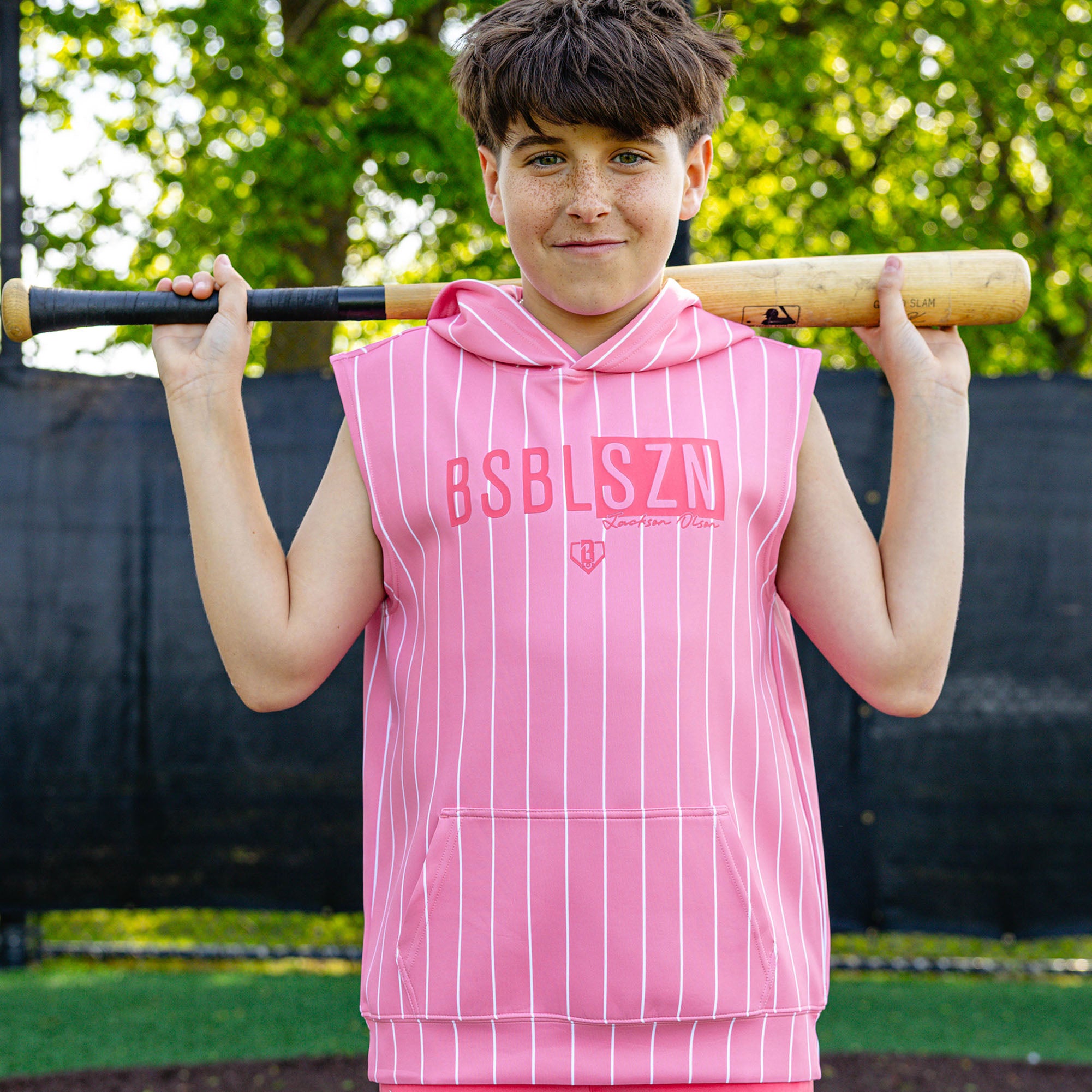 BSBL-SZN Sleeveless Youth Hoodie V3 - Pink Pinstripes - Image 3