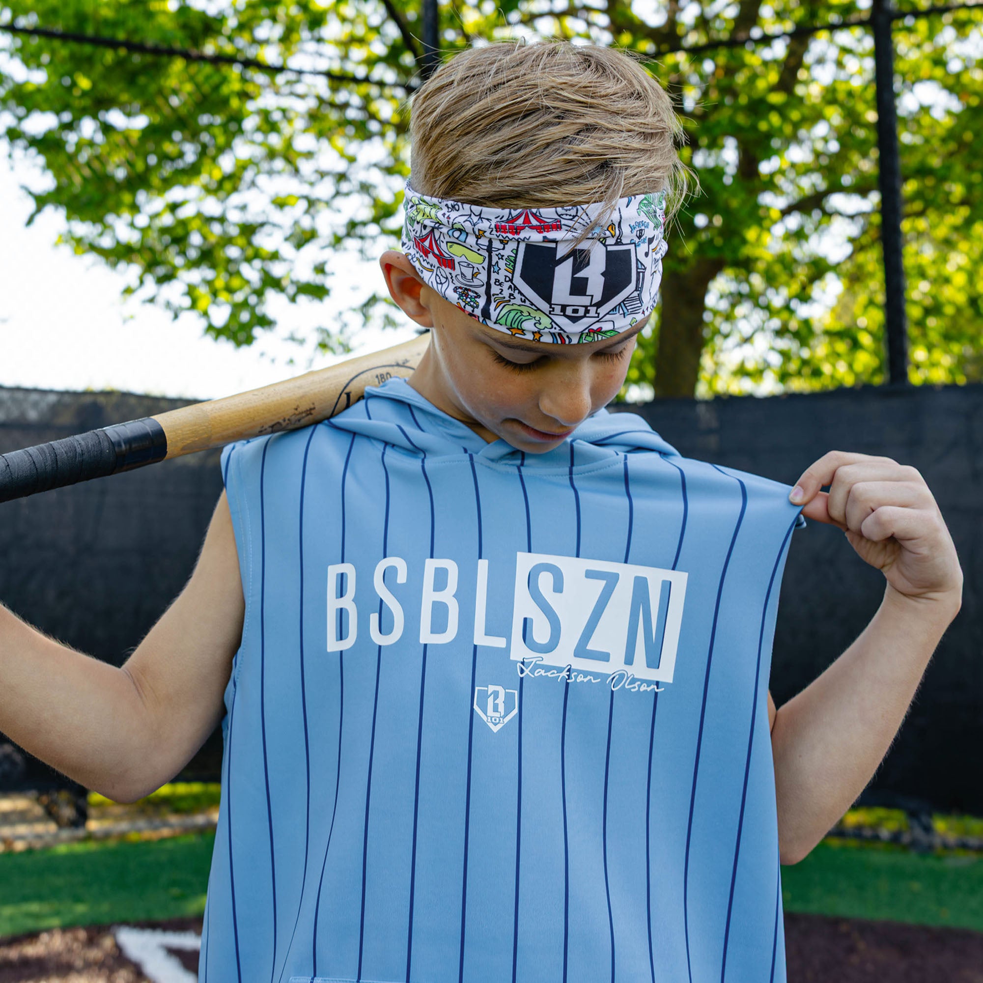 BSBL-SZN Sleeveless Youth Hoodie V3 - Blue Pinstripes - Image 4
