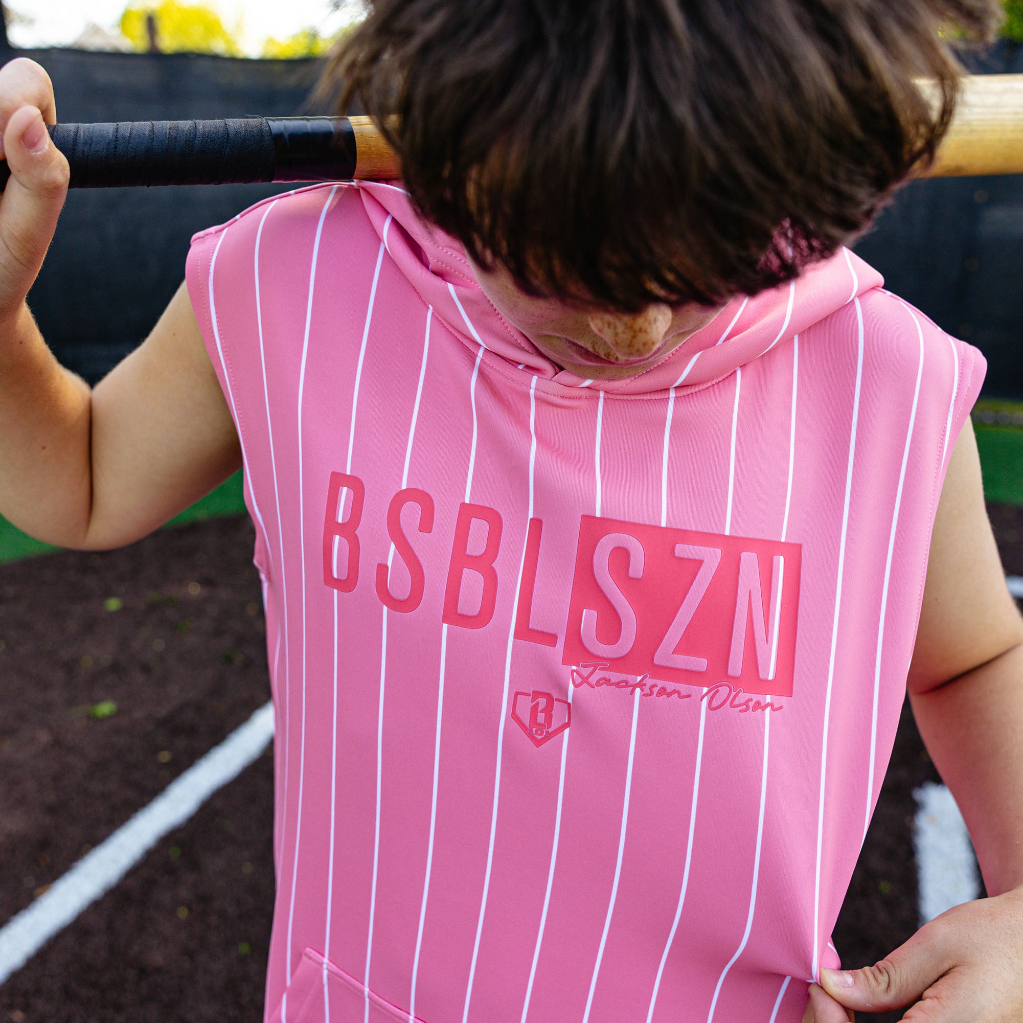 BSBL-SZN Sleeveless Youth Hoodie V3 - Pink Pinstripes - Image 4