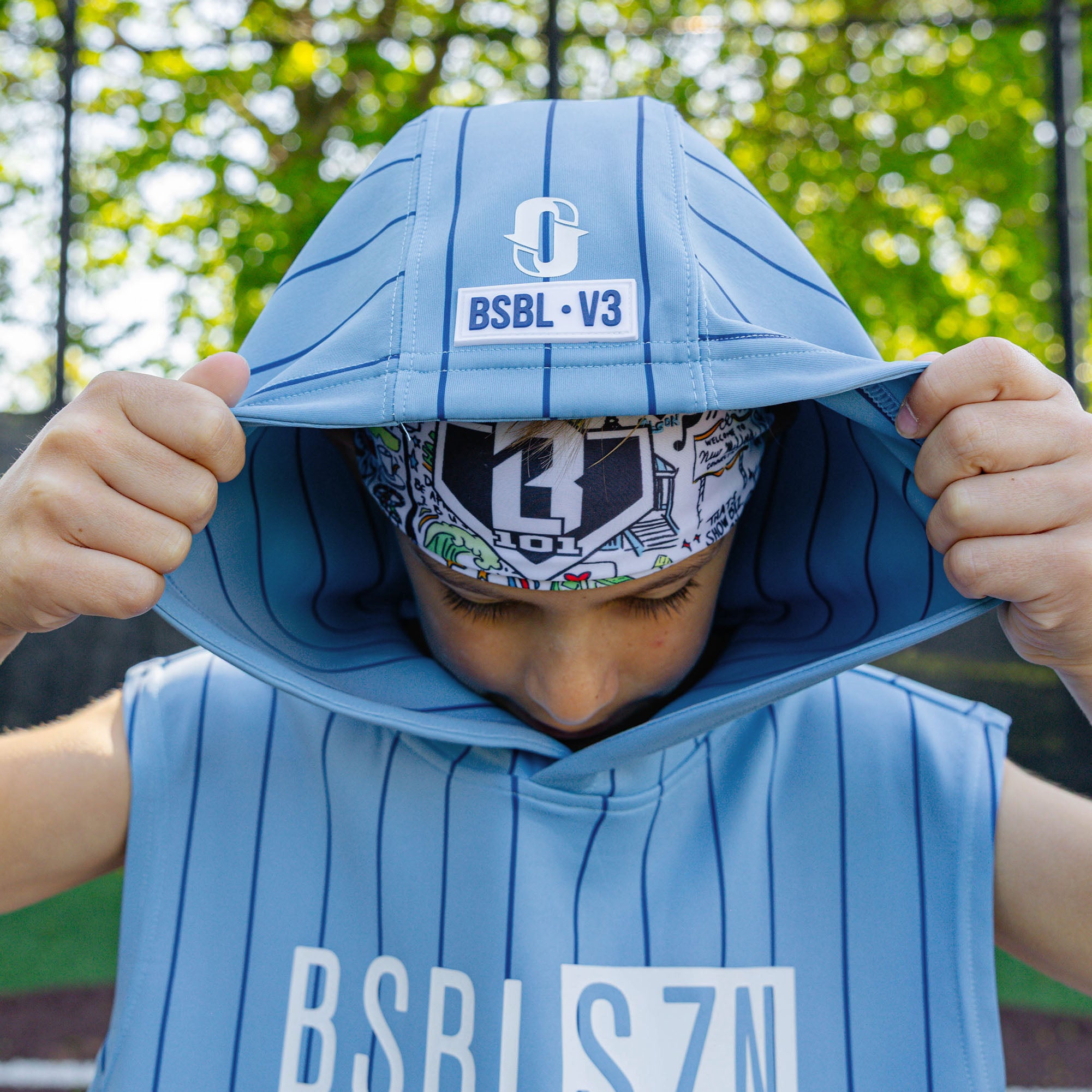 BSBL-SZN Sleeveless Youth Hoodie V3 - Blue Pinstripes - Image 7